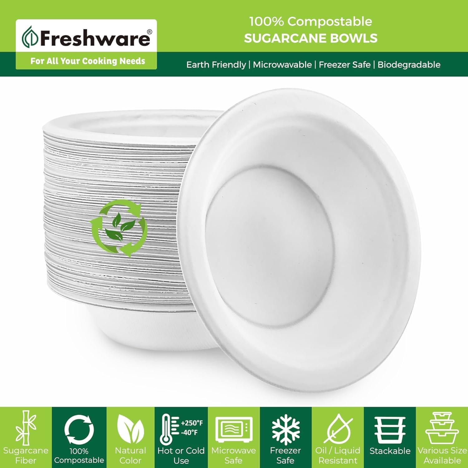 imageFreshware Paper Bowls Disposable 12 oz Soup Bowl 150Pack Biodegradable Sugarcane Fiber Serving Bowls Heavy Duty Bagasse for Hot Food Plates Microwave ampamp Freezer Safe Stackable DinnerwareWhite