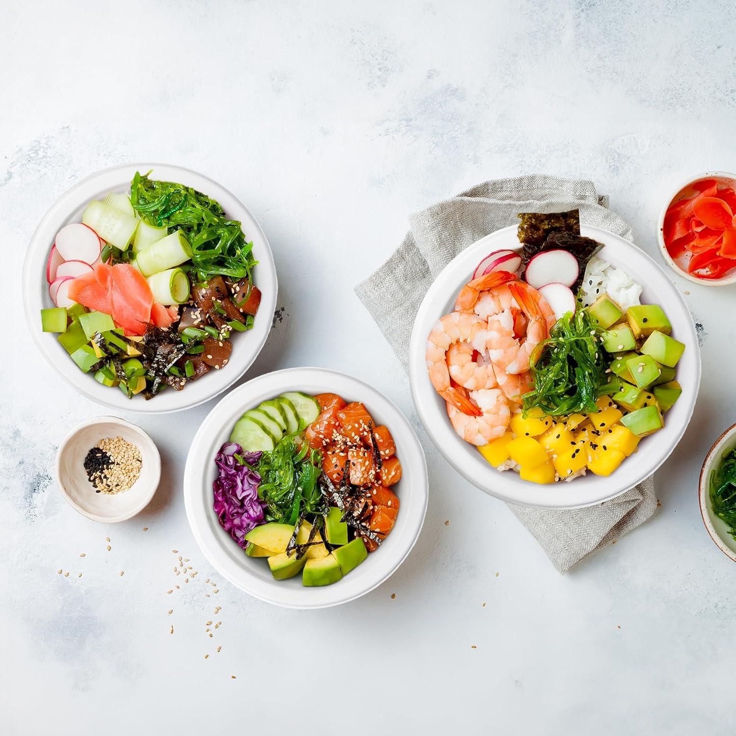 imageFreshware Paper Bowls Disposable 12 oz Soup Bowl 150Pack Biodegradable Sugarcane Fiber Serving Bowls Heavy Duty Bagasse for Hot Food Plates Microwave ampamp Freezer Safe Stackable DinnerwareWhite