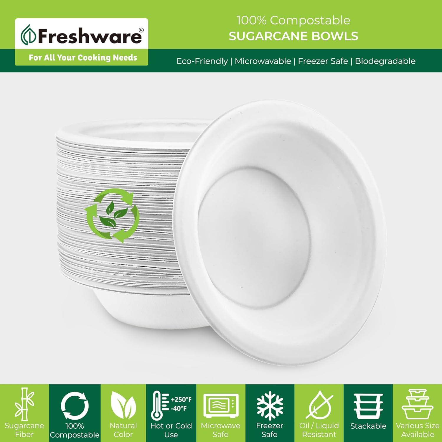 imageFreshware Paper Bowls Disposable 12 oz Soup Bowl 150Pack Biodegradable Sugarcane Fiber Serving Bowls Heavy Duty Bagasse for Hot Food Plates Microwave ampamp Freezer Safe Stackable DinnerwareWhite