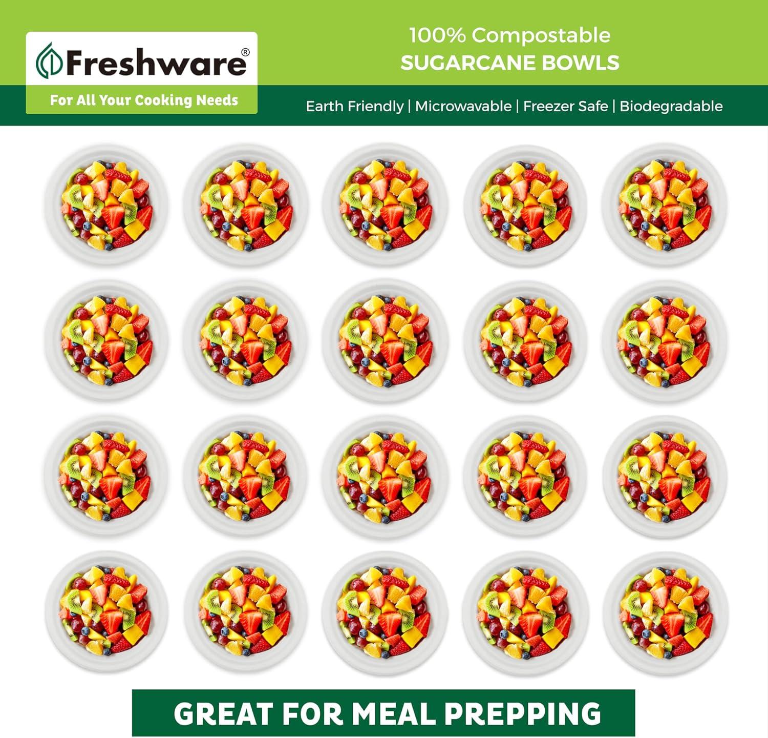imageFreshware Paper Bowls Disposable 12 oz Soup Bowl 150Pack Biodegradable Sugarcane Fiber Serving Bowls Heavy Duty Bagasse for Hot Food Plates Microwave ampamp Freezer Safe Stackable DinnerwareWhite