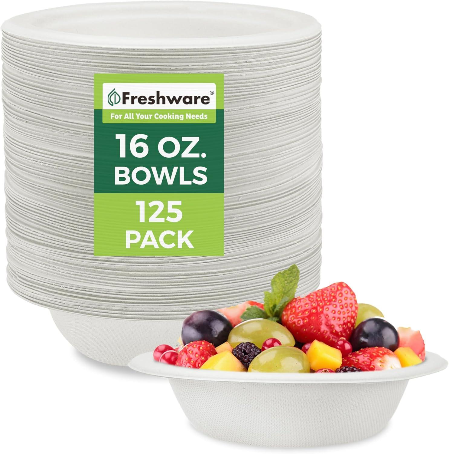 imageFreshware Paper Bowls Disposable 12 oz Soup Bowl 150Pack Biodegradable Sugarcane Fiber Serving Bowls Heavy Duty Bagasse for Hot Food Plates Microwave ampamp Freezer Safe Stackable DinnerwareWhite