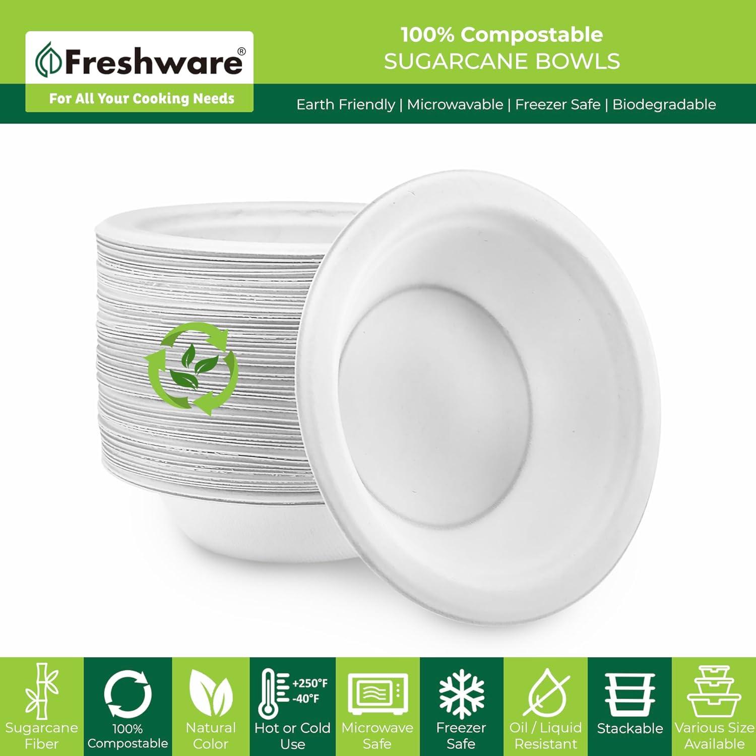 imageFreshware Paper Bowls Disposable 12 oz Soup Bowl 150Pack Biodegradable Sugarcane Fiber Serving Bowls Heavy Duty Bagasse for Hot Food Plates Microwave ampamp Freezer Safe Stackable DinnerwareWhite
