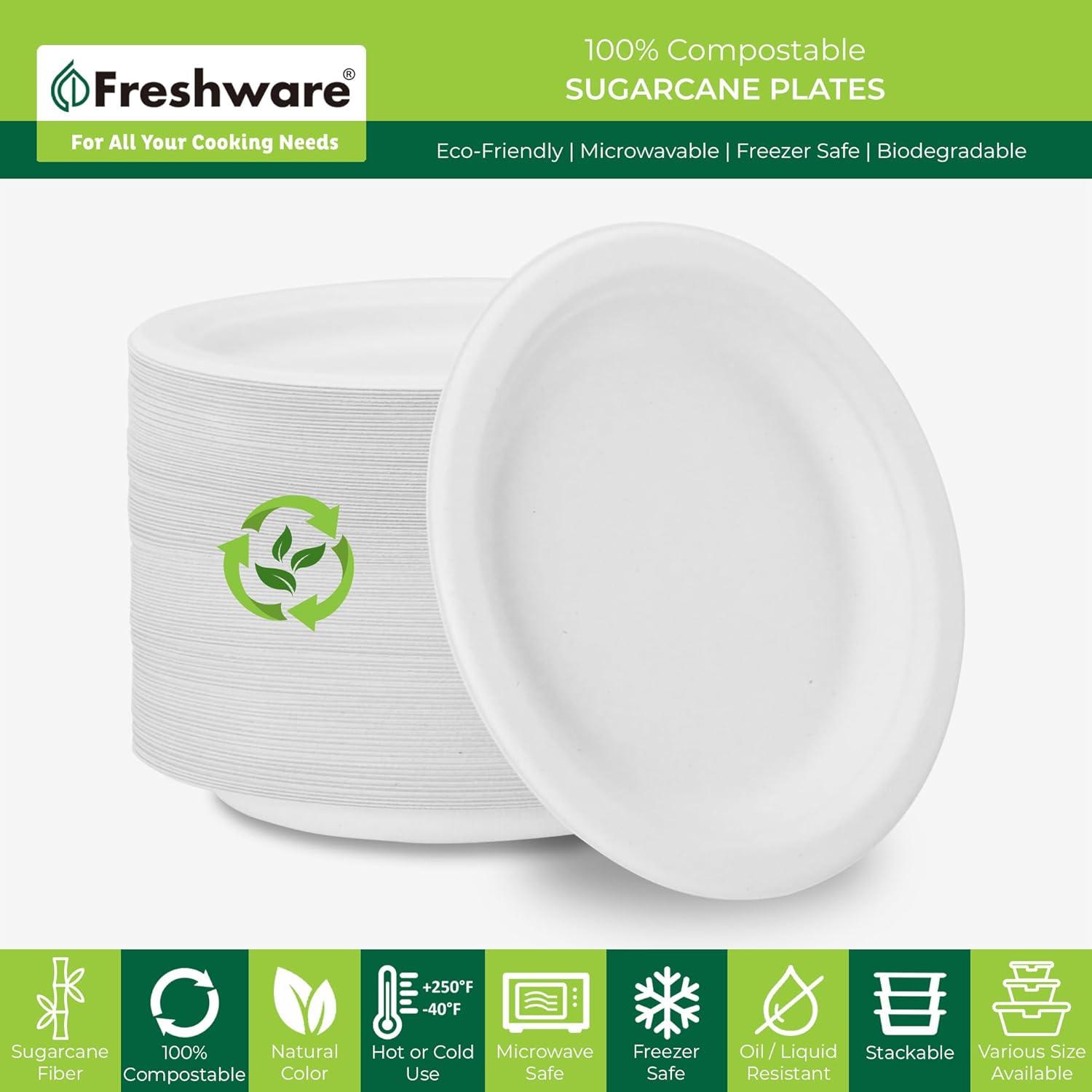 imageFreshware Paper Plates Disposable 10quot Plate 125Pack Biodegradable Sugarcane Fiber Dinner Plates Heavy Duty Dinnerware for Hot Food Microwave ampamp Freezer Safe Stackable Dinnerware10 Inch 150Pack