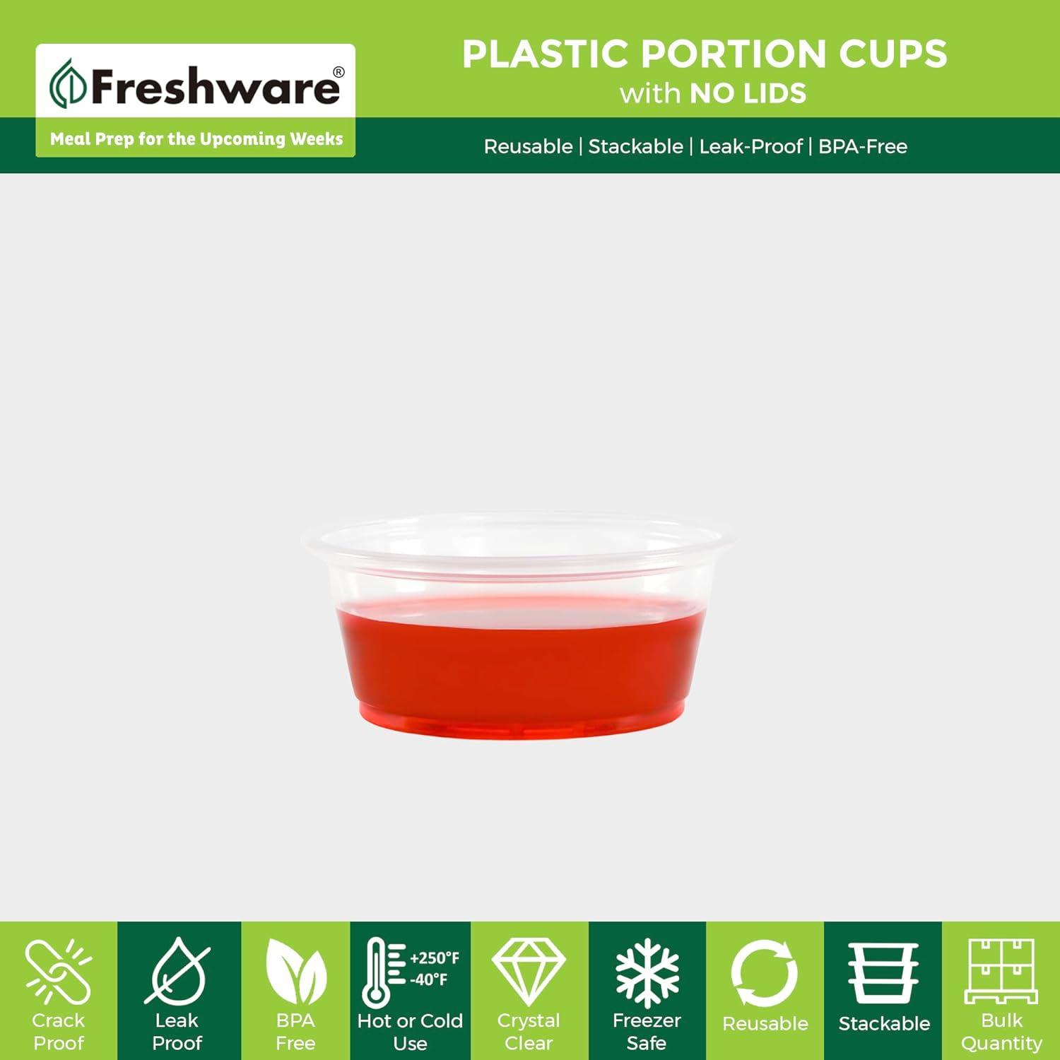 imageFreshware Plastic Portion Cups No Lids 2 Ounce 250 Count Disposable Plastic Cups for Meal Prep Salad Dressing Jellos Shot Cups Souffle Cups Condiment and Dipping Sauce Cups325 oz 250 cups