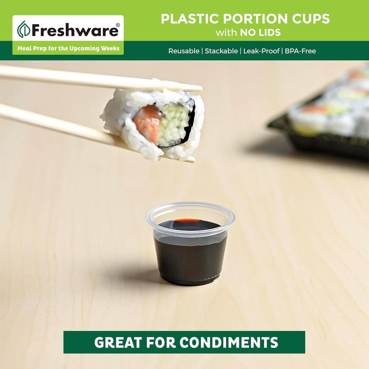 imageFreshware Plastic Portion Cups No Lids 2 Ounce 250 Count Disposable Plastic Cups for Meal Prep Salad Dressing Jellos Shot Cups Souffle Cups Condiment and Dipping Sauce Cups1 oz 250 cups