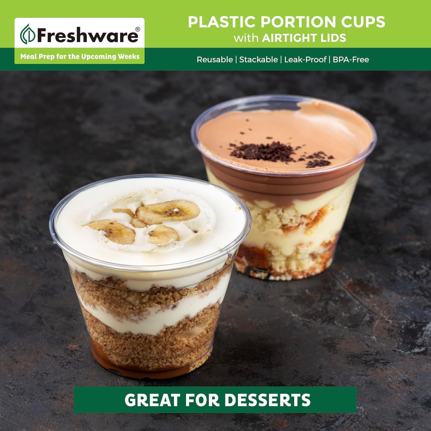 imageFreshware Plastic Portion Cups with Lids 1 Ounce 200 Sets Disposable Plastic Cups for Meal Prep Salad Dressing Jellos Shot Cups Souffle Cups Condiment and Dipping Sauce Cups55 oz 200 sets