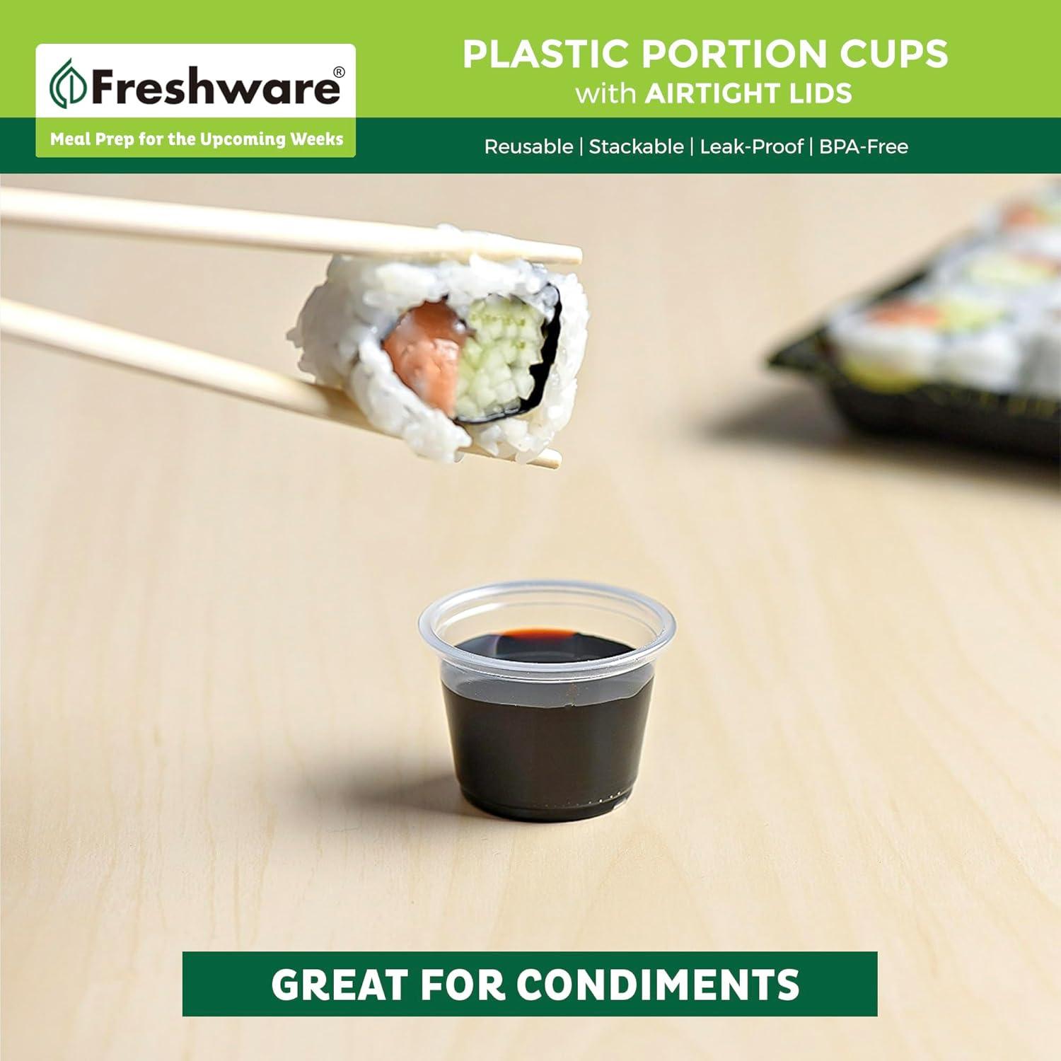 imageFreshware Plastic Portion Cups with Lids 1 Ounce 200 Sets Disposable Plastic Cups for Meal Prep Salad Dressing Jellos Shot Cups Souffle Cups Condiment and Dipping Sauce Cups1 oz 200 sets