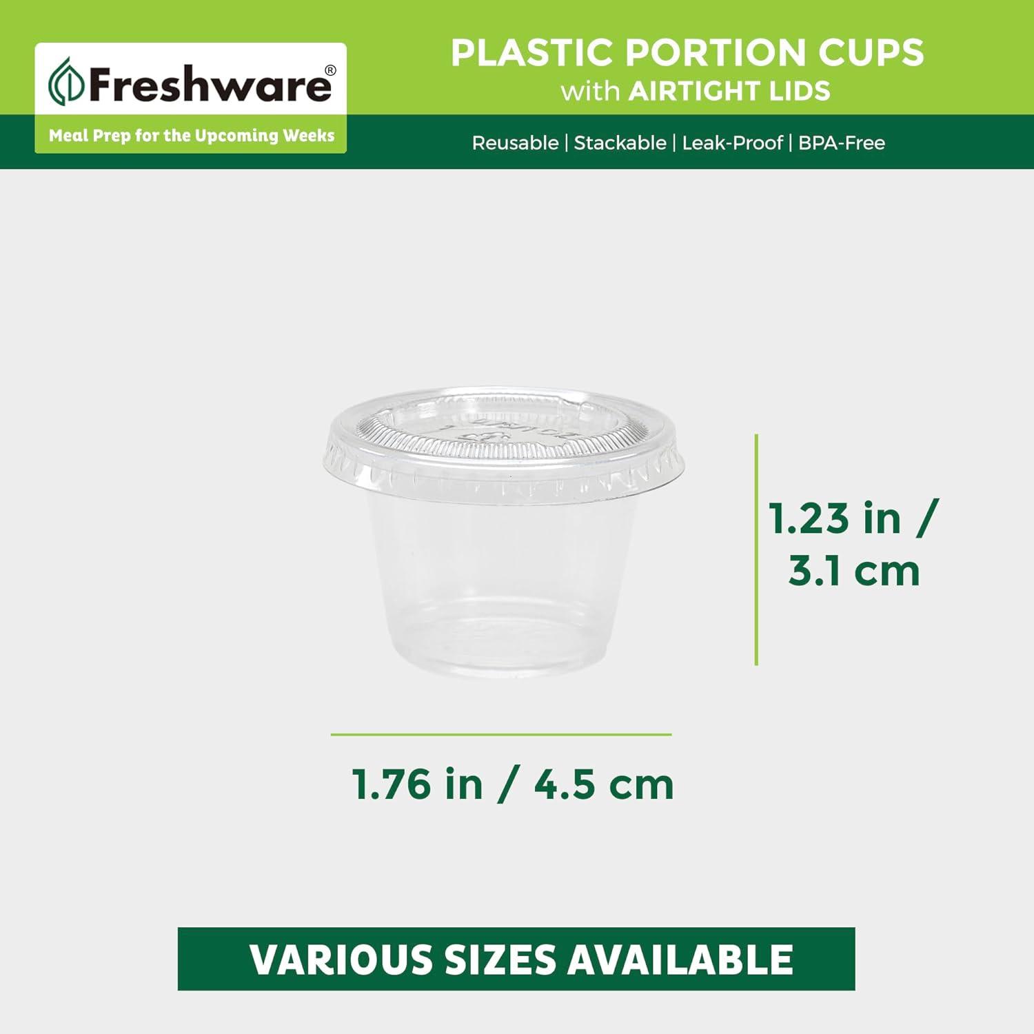 imageFreshware Plastic Portion Cups with Lids 1 Ounce 200 Sets Disposable Plastic Cups for Meal Prep Salad Dressing Jellos Shot Cups Souffle Cups Condiment and Dipping Sauce Cups1 oz 200 sets