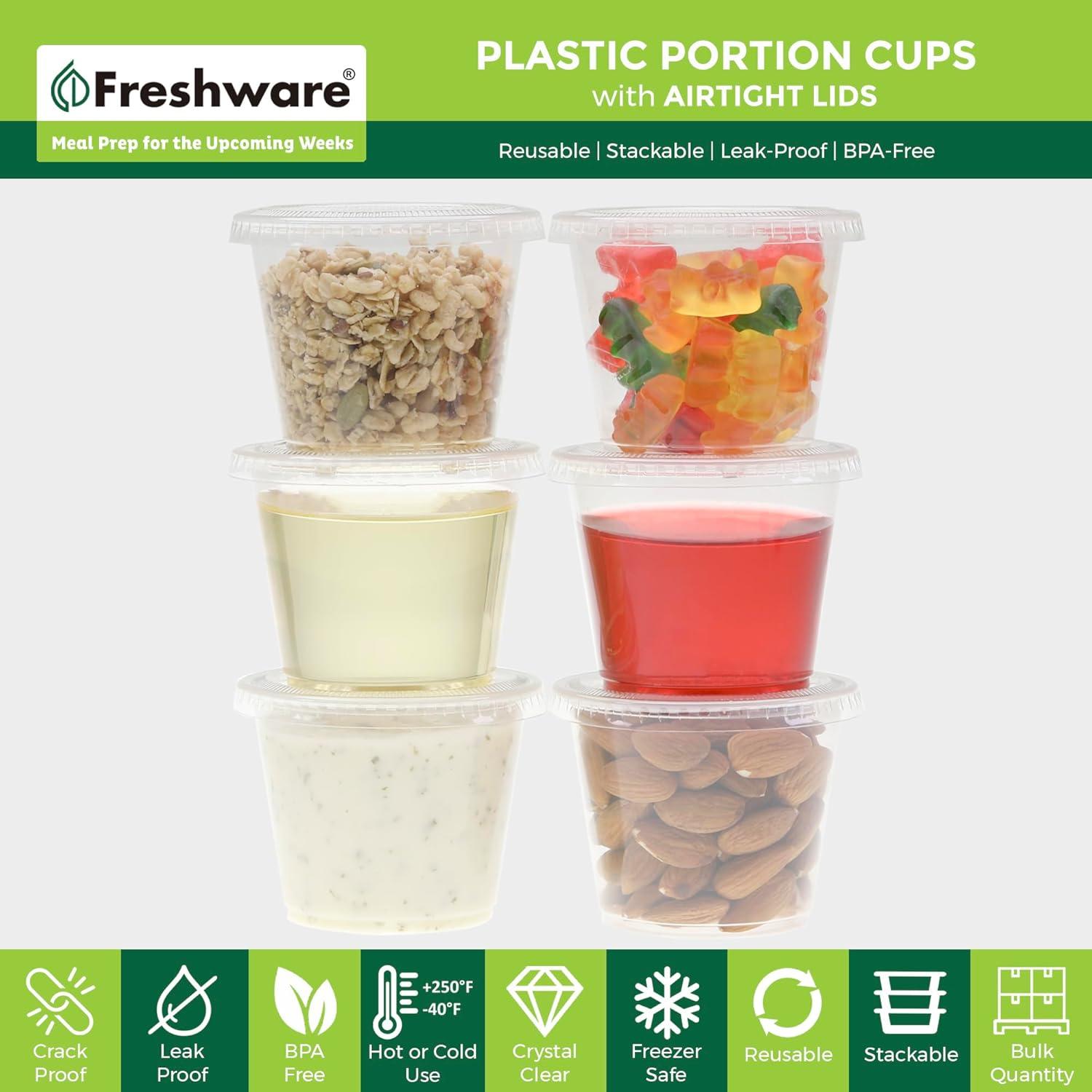 imageFreshware Plastic Portion Cups with Lids 1 Ounce 200 Sets Disposable Plastic Cups for Meal Prep Salad Dressing Jellos Shot Cups Souffle Cups Condiment and Dipping Sauce Cups55 oz 200 sets