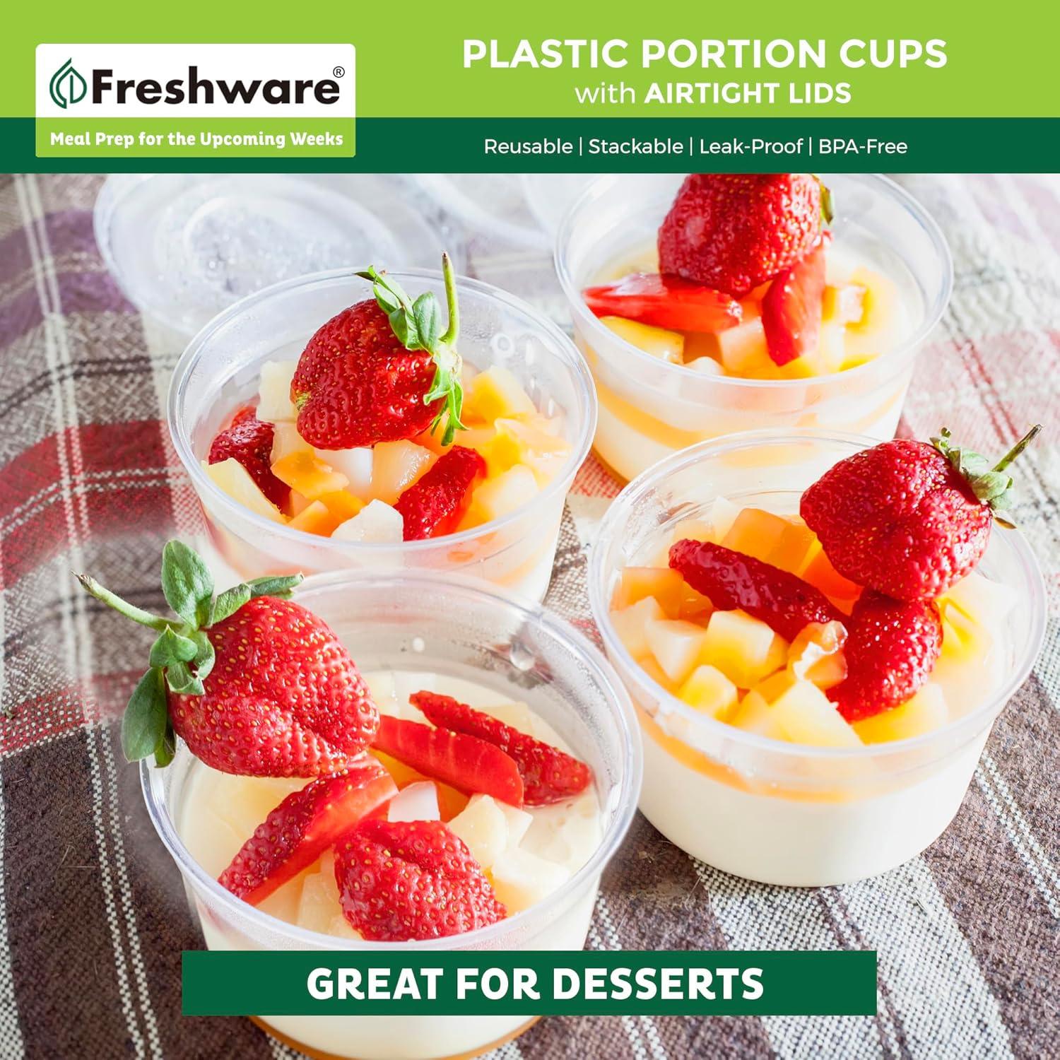 imageFreshware Plastic Portion Cups with Lids 1 Ounce 200 Sets Disposable Plastic Cups for Meal Prep Salad Dressing Jellos Shot Cups Souffle Cups Condiment and Dipping Sauce Cups4 oz 200 sets
