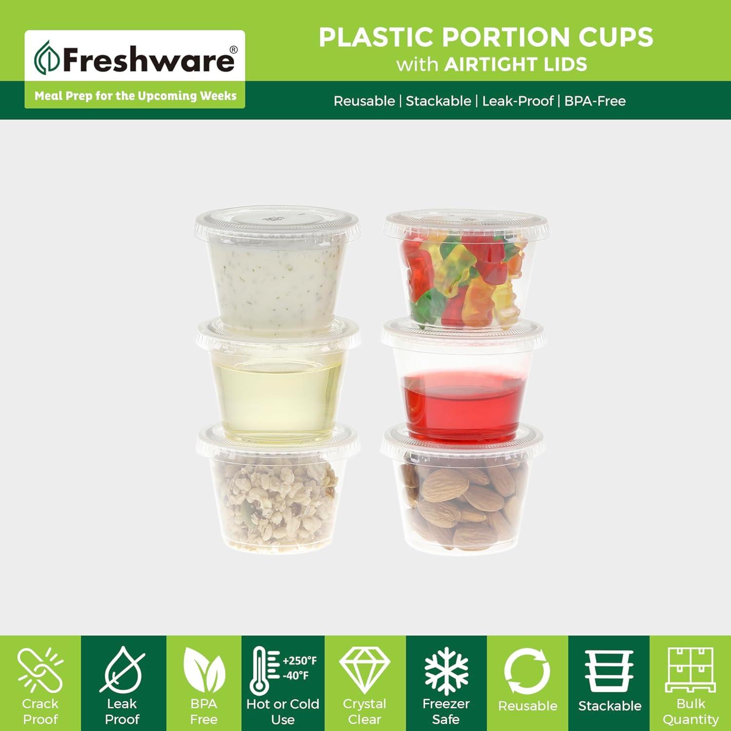 imageFreshware Plastic Portion Cups with Lids 1 Ounce 200 Sets Disposable Plastic Cups for Meal Prep Salad Dressing Jellos Shot Cups Souffle Cups Condiment and Dipping Sauce Cups1 oz 200 sets