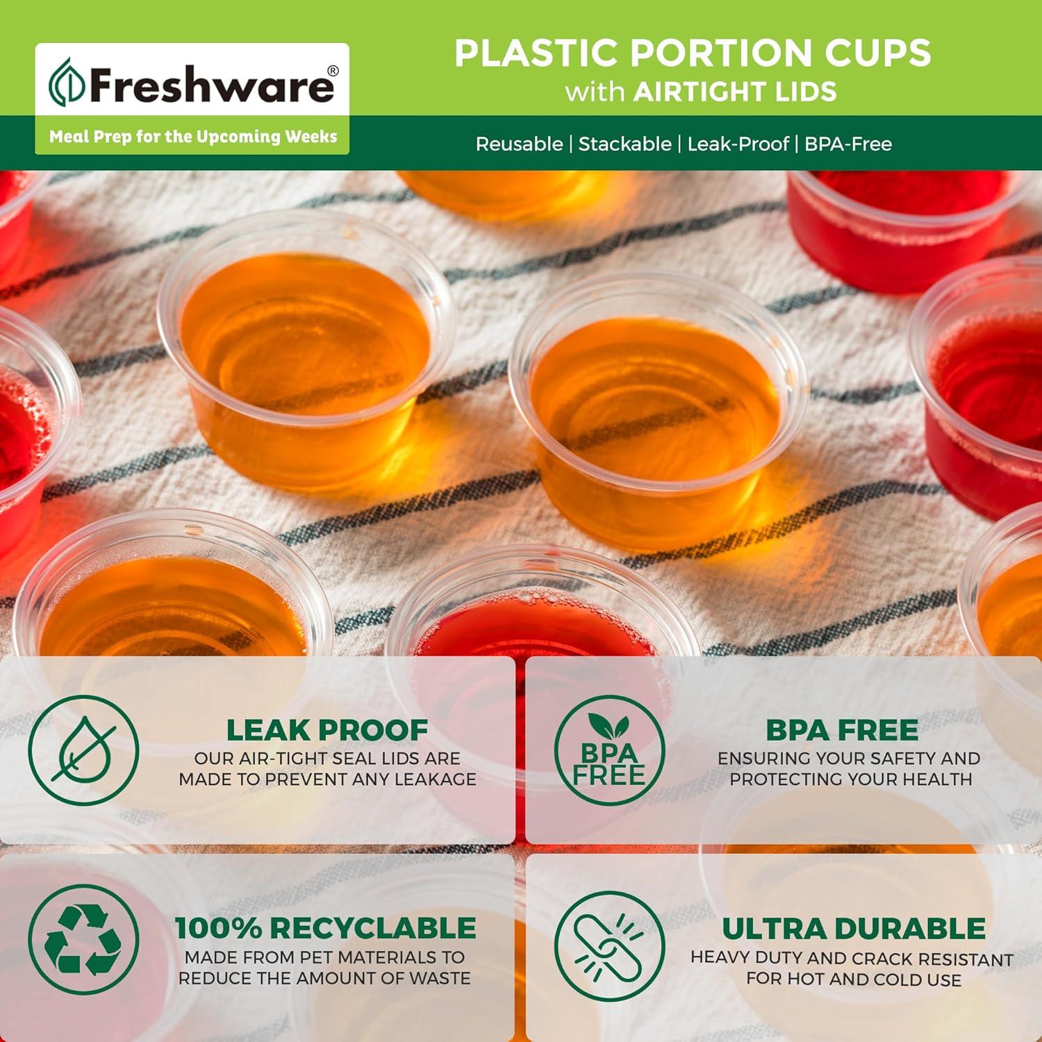 imageFreshware Plastic Portion Cups with Lids 1 Ounce 200 Sets Disposable Plastic Cups for Meal Prep Salad Dressing Jellos Shot Cups Souffle Cups Condiment and Dipping Sauce Cups1 oz 200 sets