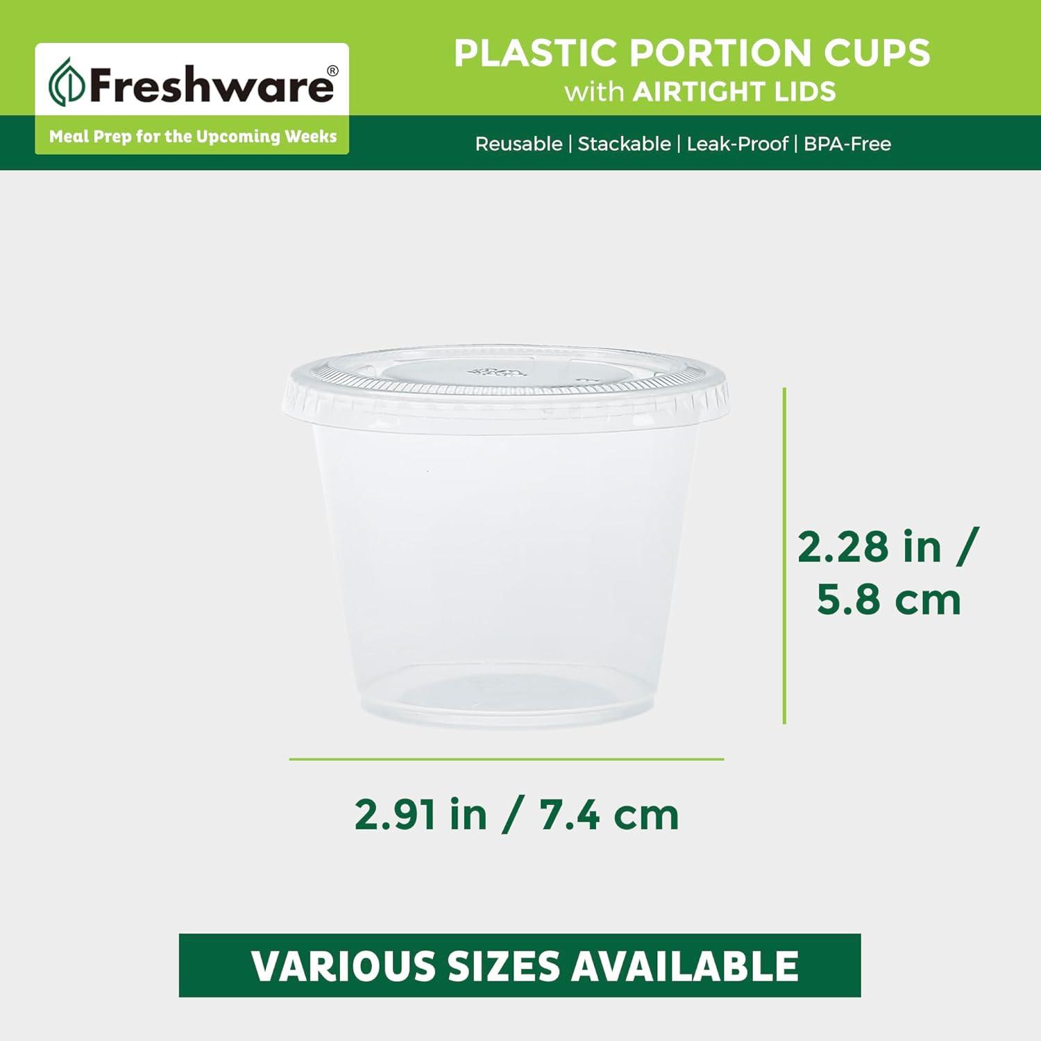 imageFreshware Plastic Portion Cups with Lids 1 Ounce 200 Sets Disposable Plastic Cups for Meal Prep Salad Dressing Jellos Shot Cups Souffle Cups Condiment and Dipping Sauce Cups55 oz 200 sets