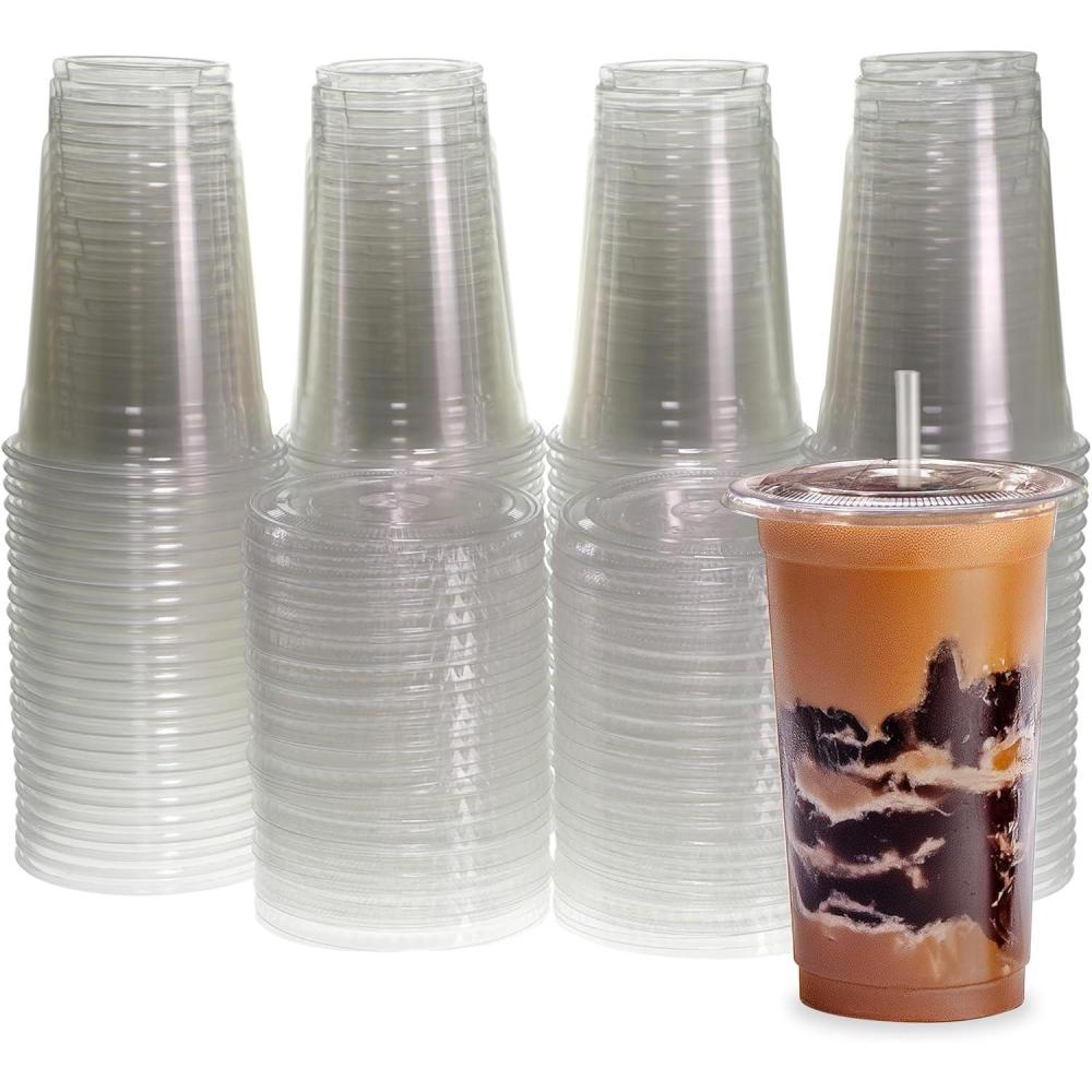 imageFreshware 12 oz Clear Disposable Plastic Cups with Flat Lids and Straws 100 Pack Clear Plastic Cups Tumblers Heavyduty Party Glasses Disposable Cups for Thanksgiving Halloween Christmas Party20 oz 100PK