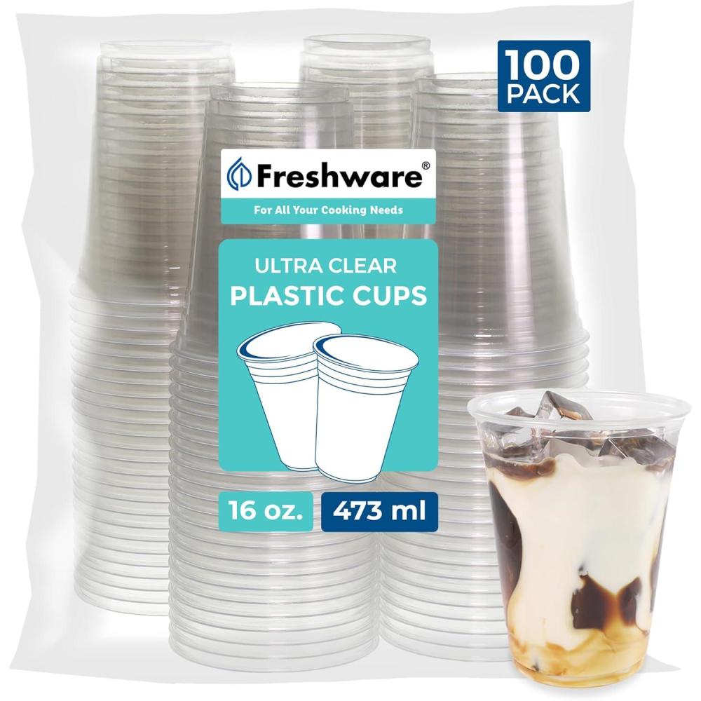 imageFreshware 12 oz Clear Disposable Plastic Cups with Flat Lids and Straws 100 Pack Clear Plastic Cups Tumblers Heavyduty Party Glasses Disposable Cups for Thanksgiving Halloween Christmas Party16 oz 100PCS