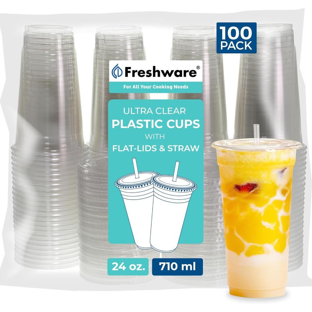 imageFreshware 12 oz Clear Disposable Plastic Cups with Flat Lids and Straws 100 Pack Clear Plastic Cups Tumblers Heavyduty Party Glasses Disposable Cups for Thanksgiving Halloween Christmas Party24 oz 100PK