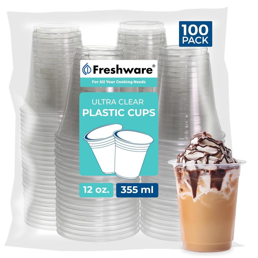 imageFreshware 9 oz Clear Disposable Plastic Cups 100 Pack Clear Plastic Cups Tumblers Heavyduty Party Glasses Disposable Cups for Thanksgiving Halloween Christmas Party12 oz 100PK