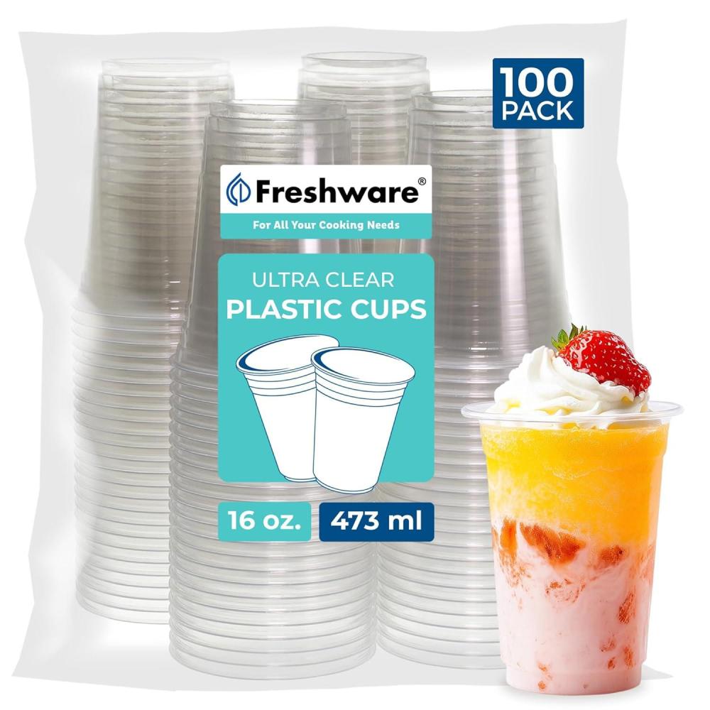 imageFreshware 9 oz Clear Disposable Plastic Cups 100 Pack Clear Plastic Cups Tumblers Heavyduty Party Glasses Disposable Cups for Thanksgiving Halloween Christmas Party16 Ounces