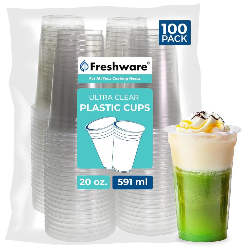 imageFreshware 9 oz Clear Disposable Plastic Cups 100 Pack Clear Plastic Cups Tumblers Heavyduty Party Glasses Disposable Cups for Thanksgiving Halloween Christmas Party20 oz 100PK