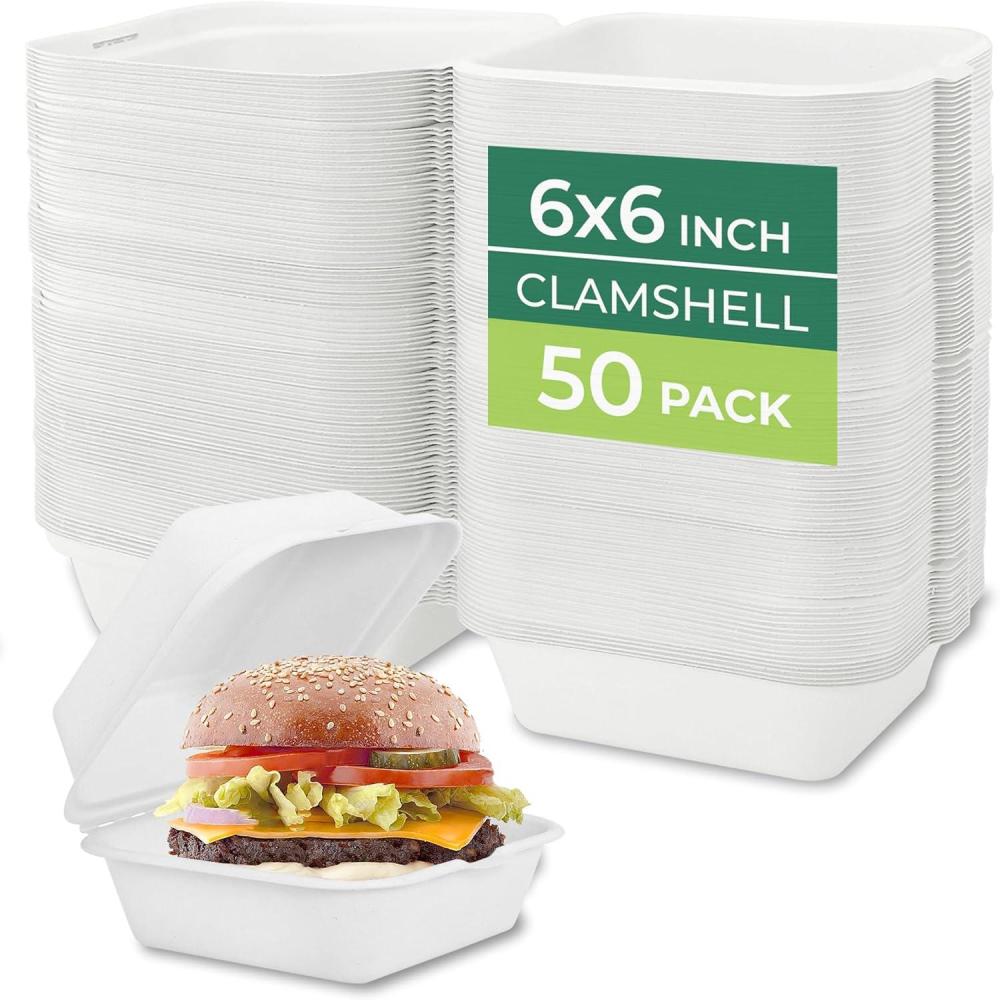 imageFreshware Compostable 9x9quot Clamshell Take Out Food Containers 50Pack Biodegradable Sugarcane To Go Boxes Paper Food Container Microwave ampamp Freezer Safe Stackable6 x 6 Inch