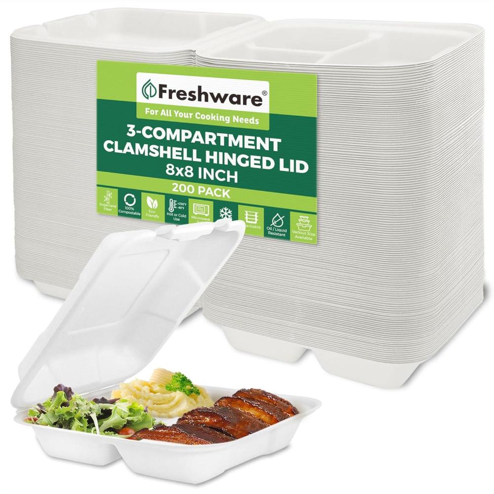 imageFreshware Compostable Clamshell Food Containers 8x8quot 3Compartment 200Pack Disposable Containers Biodegradable Sugarcane To Go Boxes Paper Food Containers Microwave ampamp Freezer Safe Stackable