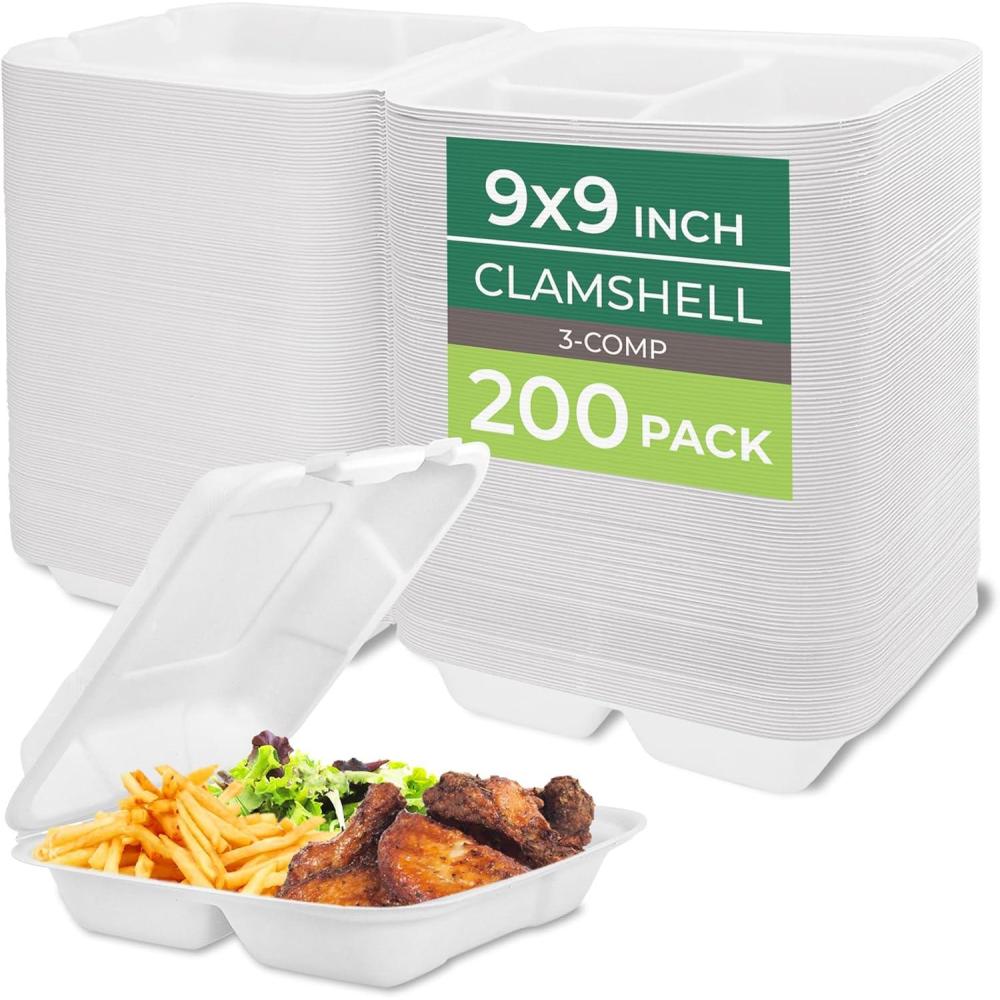 imageFreshware Compostable Clamshell Food Containers 8x8quot 3Compartment 50Pack Disposable Containers Biodegradable Sugarcane To Go Boxes Paper Food Containers Microwave ampamp Freezer Safe Stackable9 x 9 Inch 200 Pack