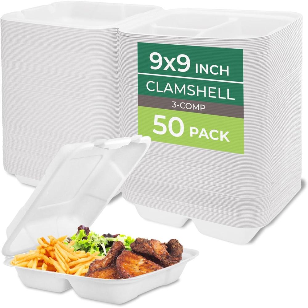 imageFreshware Compostable Clamshell Food Containers 8x8quot 3Compartment 50Pack Disposable Containers Biodegradable Sugarcane To Go Boxes Paper Food Containers Microwave ampamp Freezer Safe Stackable9 x 9 Inch 50 Pack