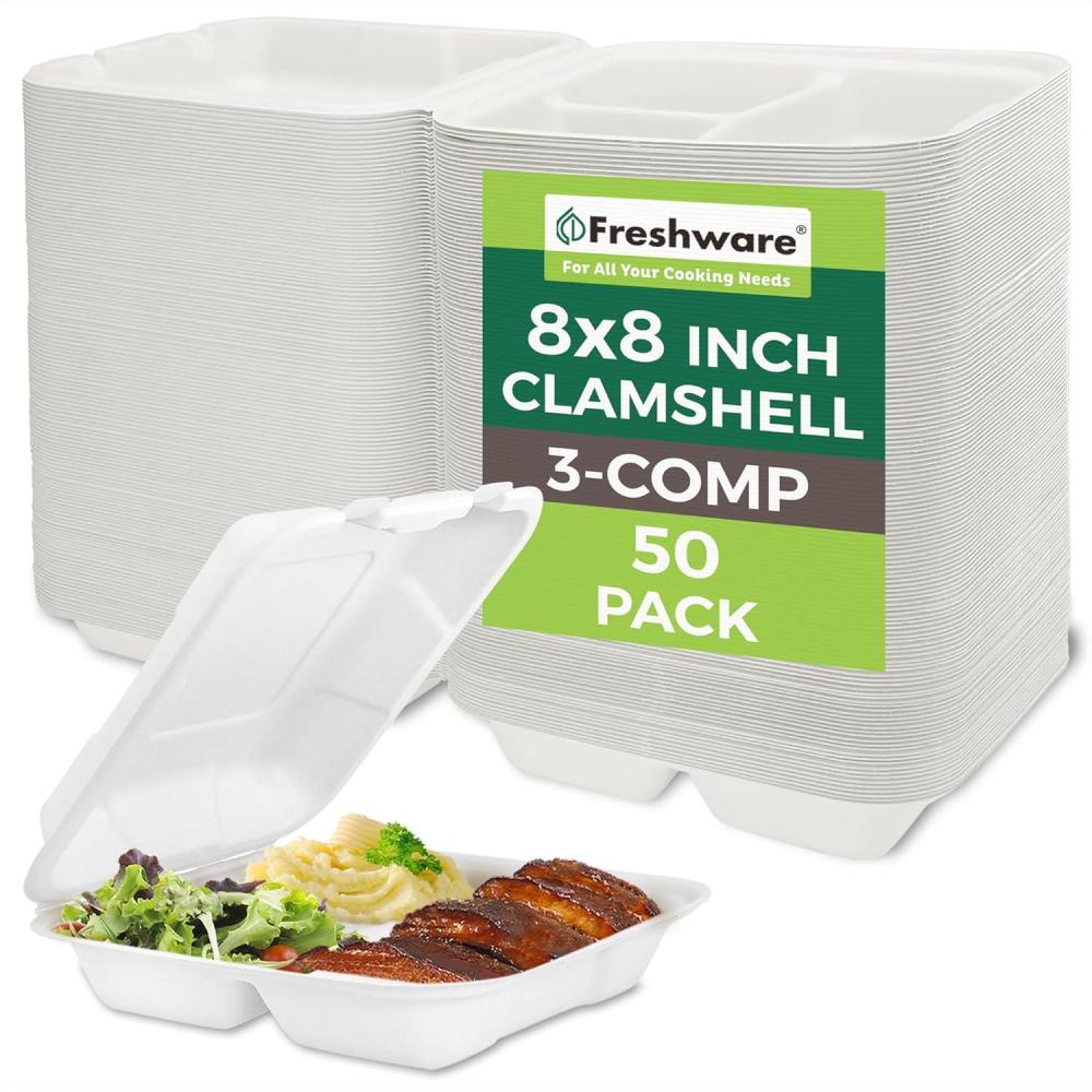 imageFreshware Compostable Clamshell Food Containers 8x8quot 3Compartment 50Pack Disposable Containers Biodegradable Sugarcane To Go Boxes  Paper Food Containers  Microwave ampamp Freezer Safe Stackable8 x 8 Inch 50Pack
