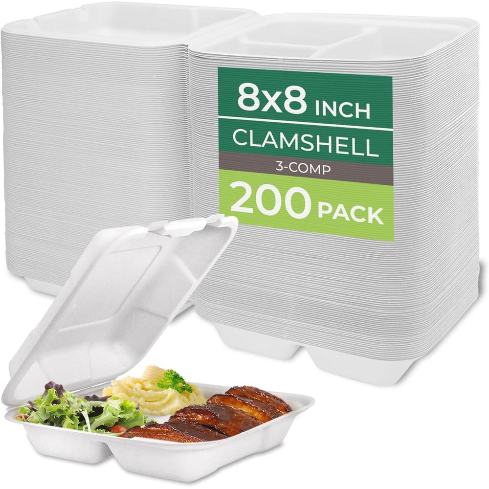 imageFreshware Compostable Clamshell Food Containers 8x8quot 3Compartment 50Pack Disposable Containers Biodegradable Sugarcane To Go Boxes Paper Food Containers Microwave ampamp Freezer Safe Stackable8 x 8 Inch 200 Pack