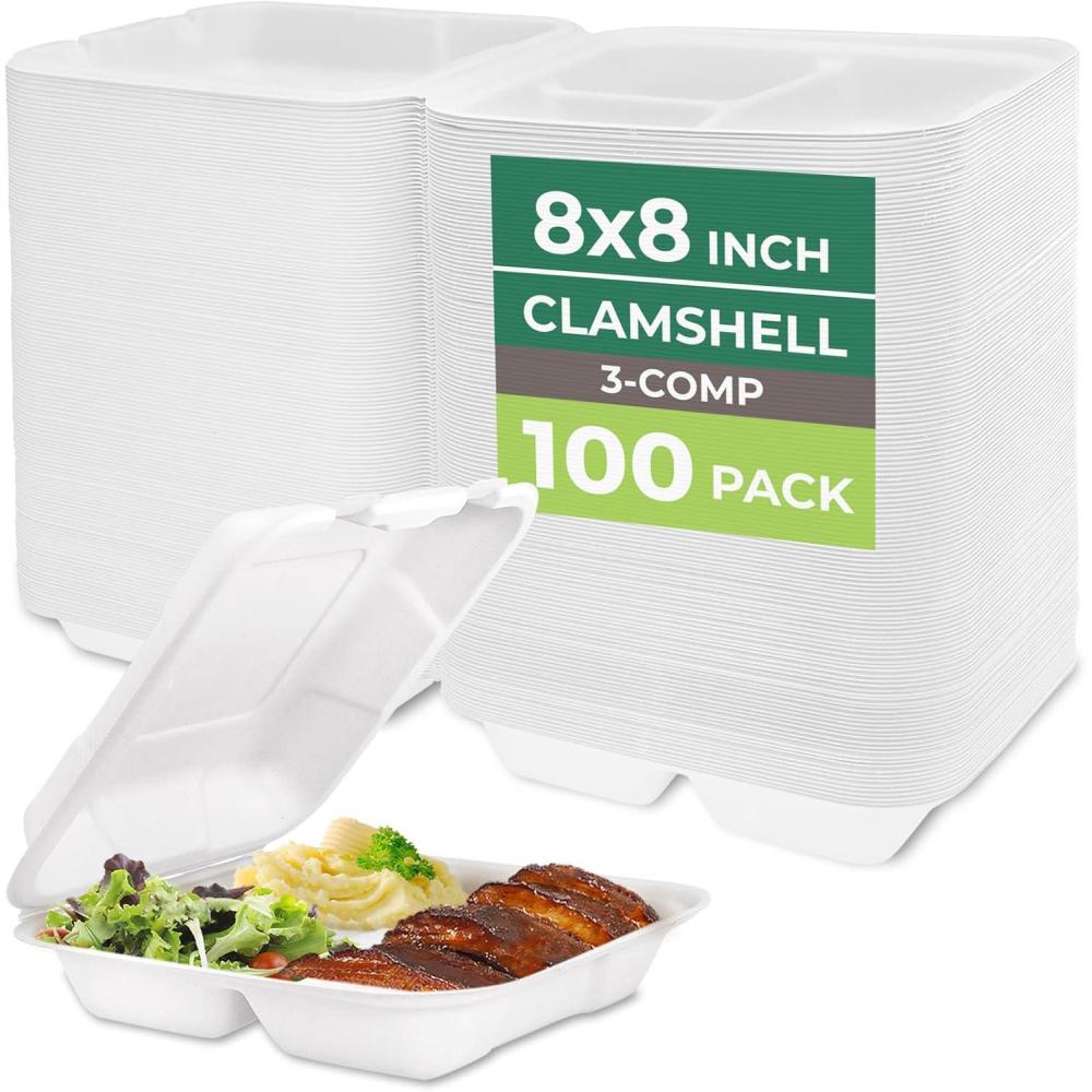 imageFreshware Compostable Clamshell Food Containers 8x8quot 3Compartment 50Pack Disposable Containers Biodegradable Sugarcane To Go Boxes Paper Food Containers Microwave ampamp Freezer Safe Stackable8 x 8 Inch 100 Pack