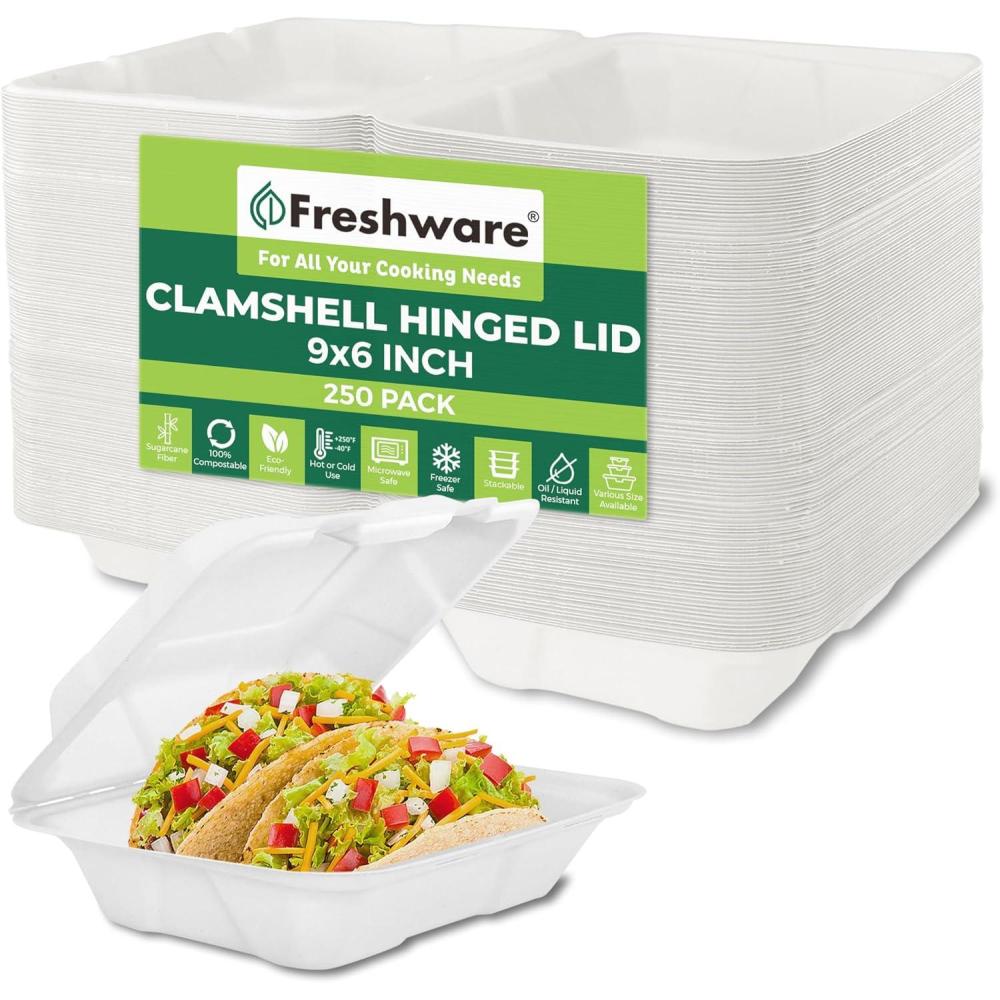 imageFreshware Compostable Clamshell Food Containers 9x6quot 250Pack Disposable To Go Containers Biodegradable Sugarcane To Go Boxes  Heavy Duty Paper Containers  Microwave ampamp Freezer Safe Stackable