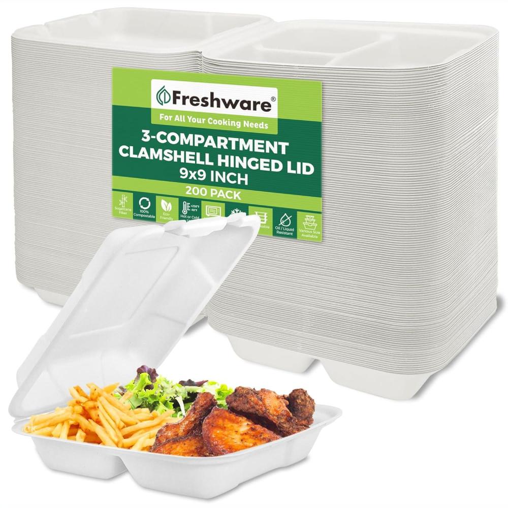imageFreshware Compostable Clamshell Food Containers 9x9quot 3Compartment 200Pack Disposable Containers Biodegradable Sugarcane To Go Boxes Paper Food Containers Microwave ampamp Freezer Safe Stackable