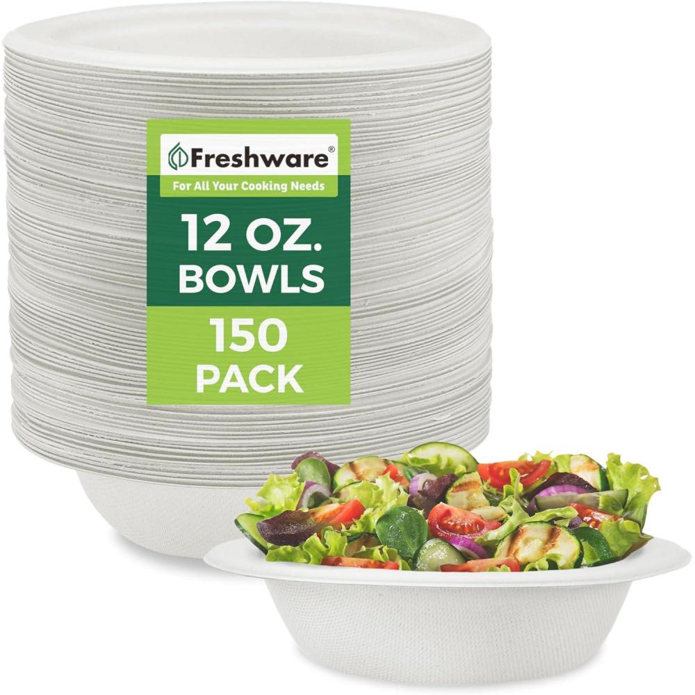 imageFreshware Paper Bowls Disposable 12 oz Soup Bowl 150Pack Biodegradable Sugarcane Fiber Serving Bowls Heavy Duty Bagasse for Hot Food Plates Microwave ampamp Freezer Safe Stackable DinnerwareWhite