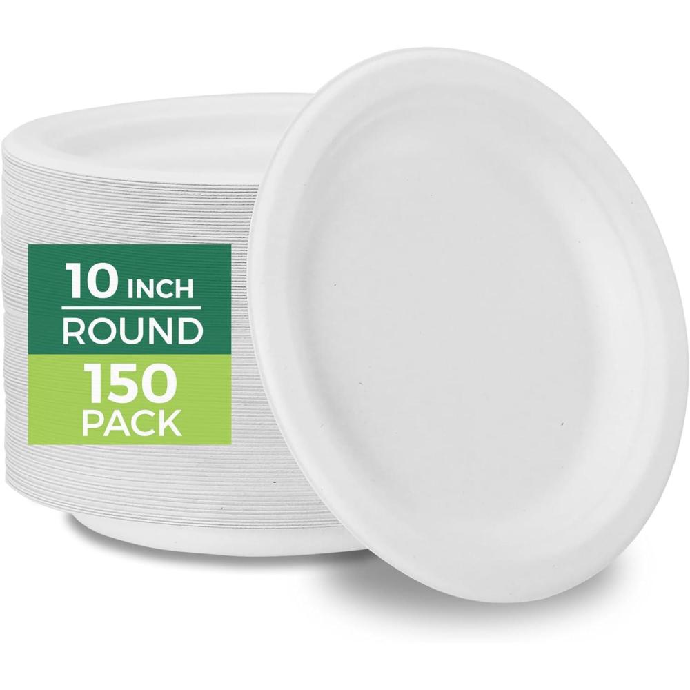 imageFreshware Paper Plates Disposable 10quot Plate 125Pack Biodegradable Sugarcane Fiber Dinner Plates Heavy Duty Dinnerware for Hot Food Microwave ampamp Freezer Safe Stackable Dinnerware10 Inch 150Pack
