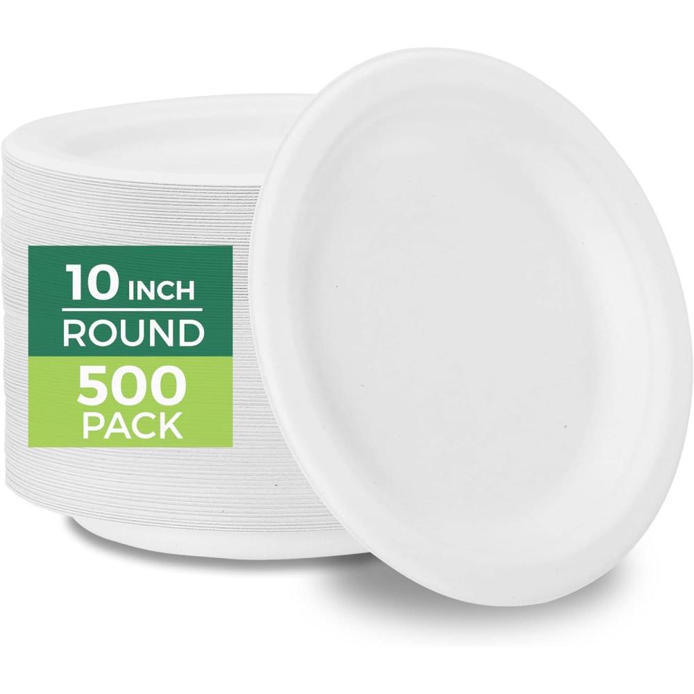 imageFreshware Paper Plates Disposable 10quot Plate 125Pack Biodegradable Sugarcane Fiber Dinner Plates Heavy Duty Dinnerware for Hot Food Microwave ampamp Freezer Safe Stackable Dinnerware10 Inch 500 Pack