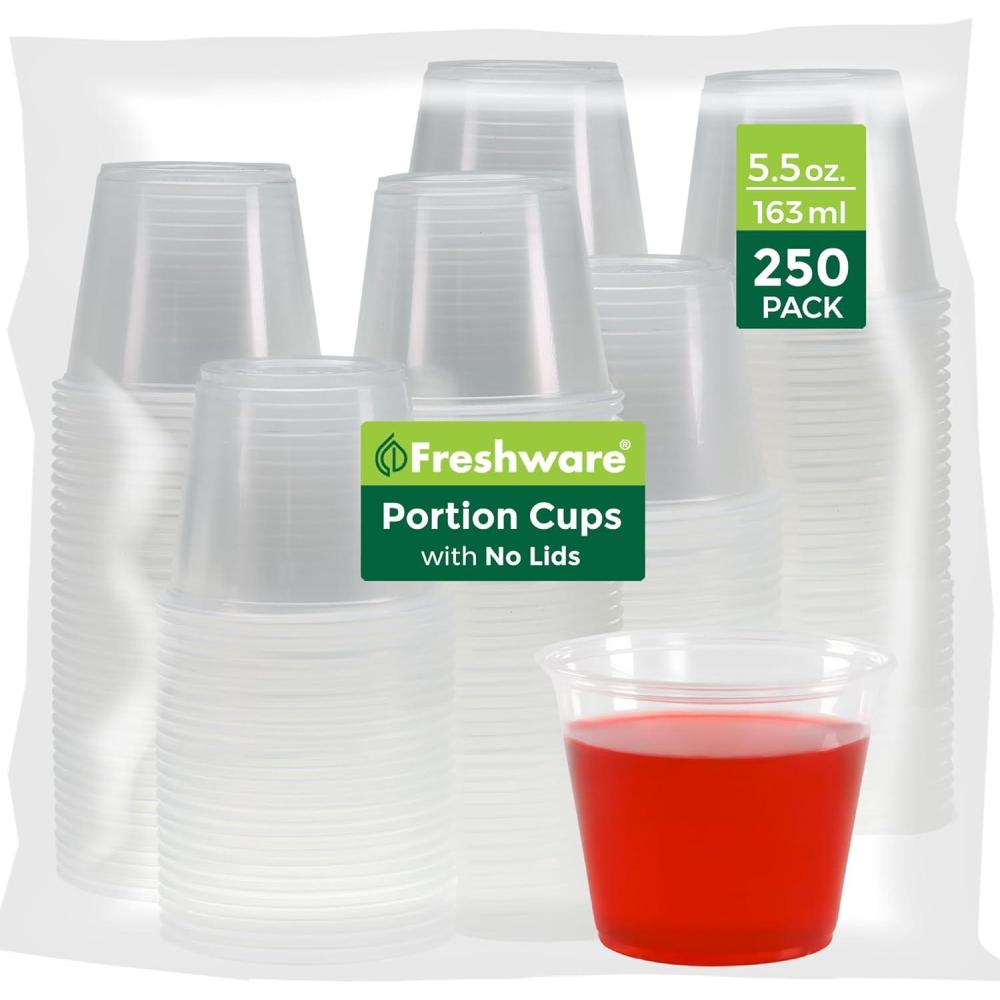 imageFreshware Plastic Portion Cups No Lids 2 Ounce 250 Count Disposable Plastic Cups for Meal Prep Salad Dressing Jellos Shot Cups Souffle Cups Condiment and Dipping Sauce Cups55 oz 250 cups