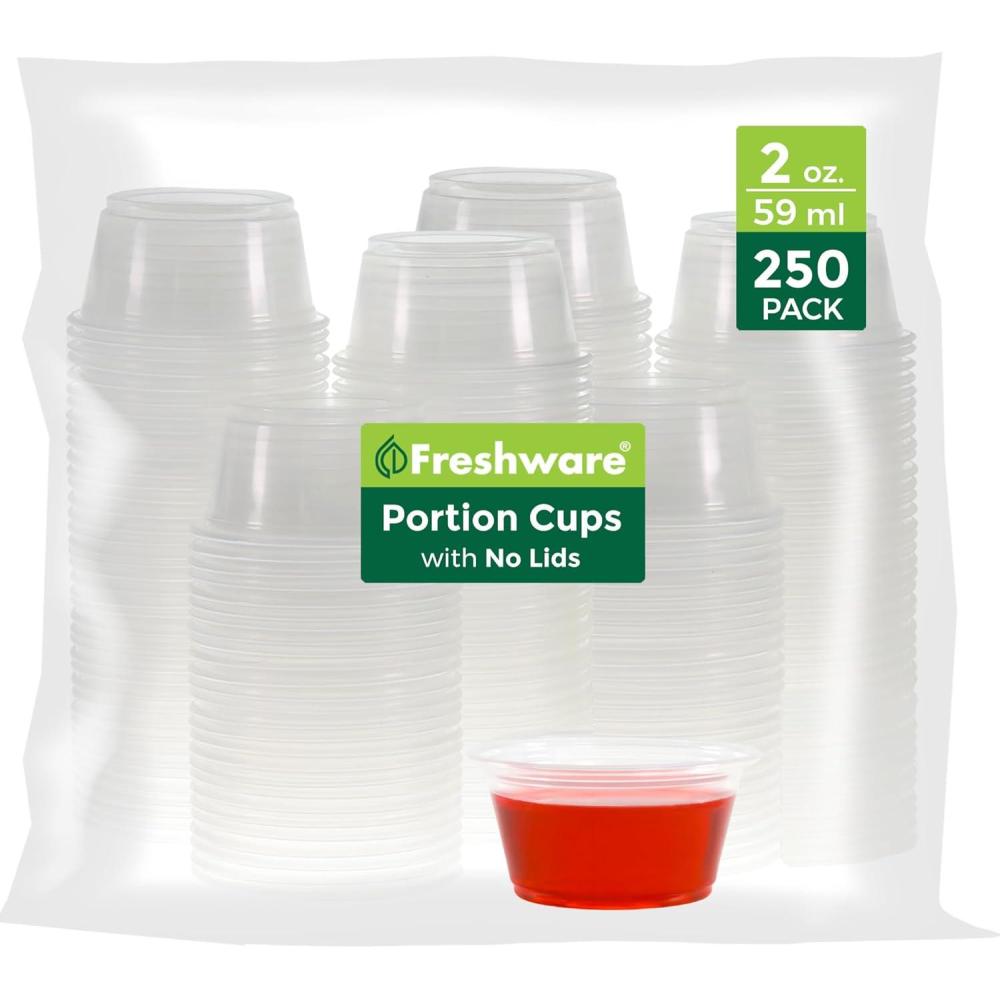 imageFreshware Plastic Portion Cups No Lids 2 Ounce 250 Count Disposable Plastic Cups for Meal Prep Salad Dressing Jellos Shot Cups Souffle Cups Condiment and Dipping Sauce Cups2 oz 250 cup