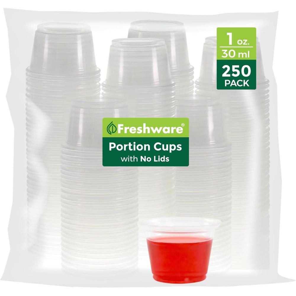 imageFreshware Plastic Portion Cups No Lids 2 Ounce 250 Count Disposable Plastic Cups for Meal Prep Salad Dressing Jellos Shot Cups Souffle Cups Condiment and Dipping Sauce Cups1 oz 250 cups