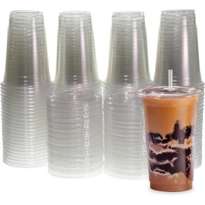 Freshware 12 oz Clear Disposable Plastic Cups with Flat Lids and Straws, 100 Pack Clear Plastic Cups Tumblers, Heavy-duty Party Glasses, Disposable Cups for Thanksgiving, Halloween, Christmas Party(20 oz. [100-PK])