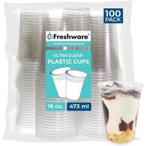 Freshware 12 oz Clear Disposable Plastic Cups with Flat Lids and Straws, 100 Pack Clear Plastic Cups Tumblers, Heavy-duty Party Glasses, Disposable Cups for Thanksgiving, Halloween, Christmas Party(16 oz. [100-PCS])