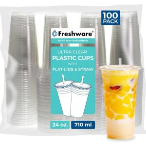 Freshware 12 oz Clear Disposable Plastic Cups with Flat Lids and Straws, 100 Pack Clear Plastic Cups Tumblers, Heavy-duty Party Glasses, Disposable Cups for Thanksgiving, Halloween, Christmas Party(24 oz. [100PK])