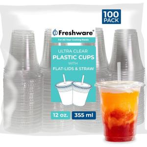 Freshware 12 oz Clear Disposable Plastic Cups with Flat Lids and Straws, 100 Pack Clear Plastic Cups Tumblers, Heavy-duty Party Glasses, Disposable Cups for Thanksgiving, Halloween, Christmas Party(12 oz. [100-PK])