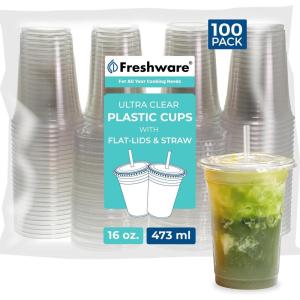 Freshware 12 oz Clear Disposable Plastic Cups with Flat Lids and Straws, 100 Pack Clear Plastic Cups Tumblers, Heavy-duty Party Glasses, Disposable Cups for Thanksgiving, Halloween, Christmas Party(16 oz. [100-PK])