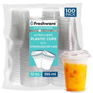 Freshware 12 oz Clear Disposable Plastic Cups with Strawless Sip Lids, 100 Pack Clear Plastic Cups Tumblers, Heavy-duty Party Glasses, Disposable Cup for Thanksgiving, Halloween, Christmas Party