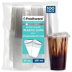 Freshware 20 oz Clear Disposable Plastic Cups with Strawless Sip Lids, 100 Pack Clear Plastic Cups Tumblers, Heavy-duty Party Glasses, Disposable Cup for Thanksgiving, Halloween, Christmas Party