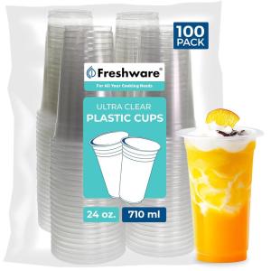 Freshware 24 oz Clear Disposable Plastic Cups, 100 Pack Clear Plastic Cups Tumblers, Heavy-duty Party Glasses, Disposable Cups for Thanksgiving, Halloween, Christmas Party