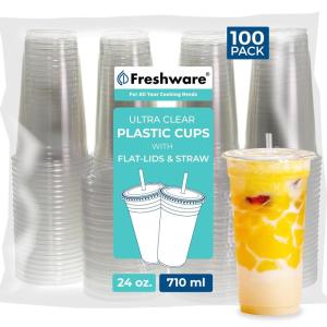 Freshware 24 oz Clear Disposable Plastic Cups with Flat Lids and Straws, 100 Pack Clear Plastic Cups Tumblers, Heavy-duty Party Glasses, Disposable Cups for Thanksgiving, Halloween, Christmas Party