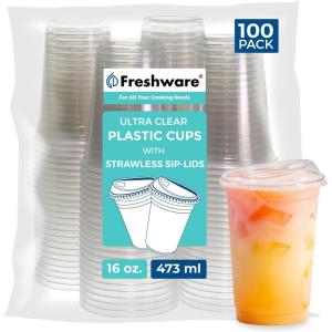 Freshware 24 oz Clear Disposable Plastic Cups with Strawless Sip Lids, 100 Pack Clear Plastic Tumblers, Heavy-duty Party Glasses, Disposable Cups for Thanksgiving, Halloween, Christmas Party(Clear)
