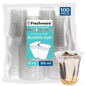 Freshware 9 oz Clear Disposable Plastic Cups, 100 Pack Clear Plastic Cups Tumblers, Heavy-duty Party Glasses, Disposable Cups for Thanksgiving, Halloween, Christmas Party(12 oz. [100-PCS])