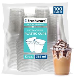 Freshware 9 oz Clear Disposable Plastic Cups, 100 Pack Clear Plastic Cups Tumblers, Heavy-duty Party Glasses, Disposable Cups for Thanksgiving, Halloween, Christmas Party(12 oz. [100-PK])